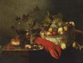 A Still Life With Grapes, Apples, And Peaches In A Wan-Li Bowl, A Lobster, Crayfish On A Pewter Plate Together With A Roemer, A Bun, Grapes And Cherries On A Table Draped With A Cloth - Michiel Simons