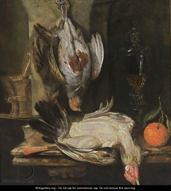 A Still Life With A Partridge, A Turkey, A Bitter Orange, A Glass Goblet Together With A Mortar And A Knife With An Agaath Handle, All On A Marble Ledge - Abraham Hendrickz Van Beyeren