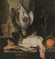 A Still Life With A Partridge, A Turkey, A Bitter Orange, A Glass Goblet Together With A Mortar And A Knife With An Agaath Handle, All On A Marble Ledge - Abraham Hendrickz Van Beyeren