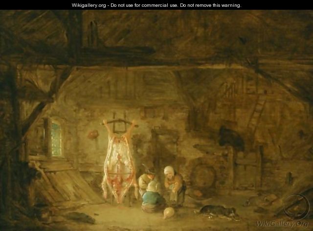 A Barn Interior With Three Children Playing With A Pig