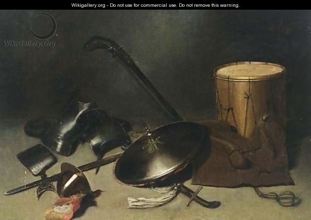 A Still Life With Armour, A Shield, A Gun, A Halberd, A Helmet, A Sword, A Jacket And A Drum - (after) Gerrit Dou