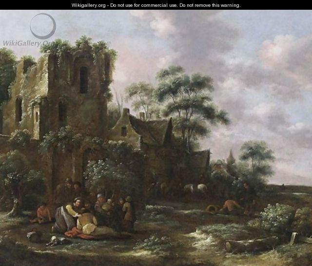 A Village Scene With Peasants And Their Children Near A Ruined Tower, A Tavern With Horsemen And Other Figures In The Background - Claes Molenaar (see Molenaer)