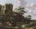 A Village Scene With Peasants And Their Children Near A Ruined Tower, A Tavern With Horsemen And Other Figures In The Background - Claes Molenaar (see Molenaer)