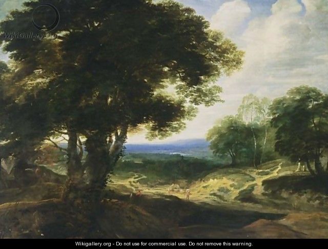 An Extensive Wooded Landscape With Travellers Resting On A Path And A Horse- Drawn Cart On The Left - (after) Jaques D