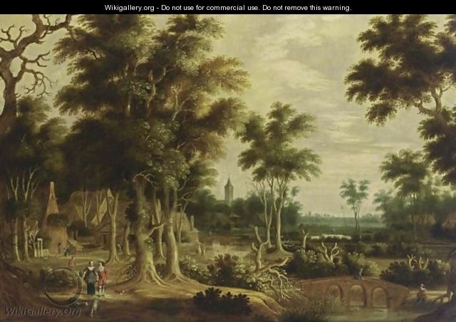 A Wooded River Landscape With An Elegant Couple On A Path, And Fishermen Near A Bridge, A Village Nearby - Rafel Govertsz Camphuysen