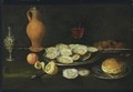 A Still Life With Oysters, Chestnuts, And A Roll Together With A Fork, All On Pewter Plates, A Half Peeled Lemon, A Bitter Orange, A Glass Of Wine, An Earthenware Jug With A Pewter Lid And Silver Pepperbox, All On A Table Draped With A Green Cloth - (after) Jacob Foppens Van Es