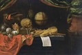 A Vanitas Still Life With Musical Instruments And Score, A Globe, A Skull, A Transitional Bowl With Flowers, Snowballs, Jewellery, A Silver-Gilt Cup And Cover, Bubbles, Money And Dice, All On A Table Draped With Red Cloth - Dutch School