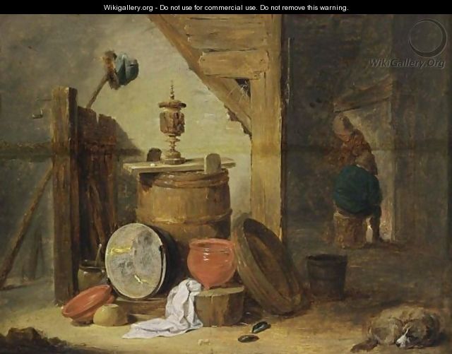 An Interior Of An Inn With A Dog And Kitchen Utensils In The Foreground, Two Figures Near A Fireplace Beyond - David The Younger Teniers