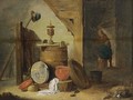 An Interior Of An Inn With A Dog And Kitchen Utensils In The Foreground, Two Figures Near A Fireplace Beyond - David The Younger Teniers