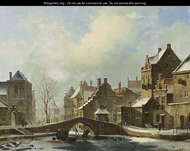 Skaters On A Frozen Canal In A Dutch Town - Cornelis Springer
