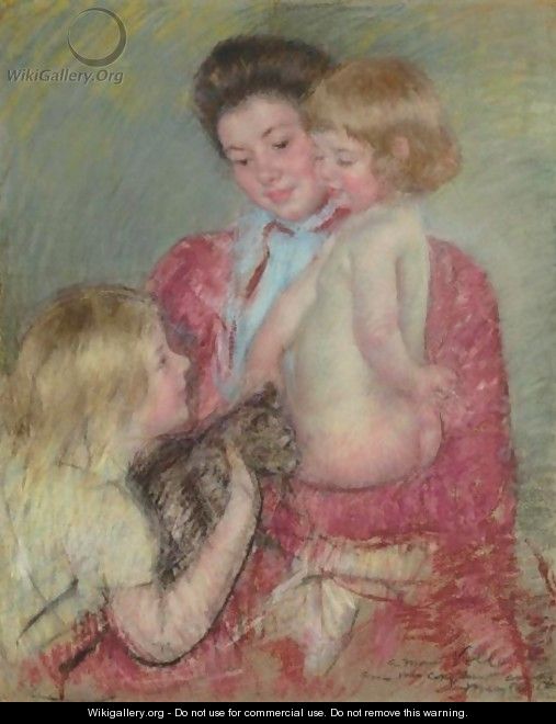 Reine Lefebvre With Blond Baby And Sara Holding A Cat (Maternite) - Mary Cassatt