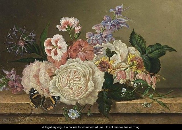 A Flower Still Life And A Butterfly On A Stone Ledge - Sebastiaan Theodorus Voorn Boers