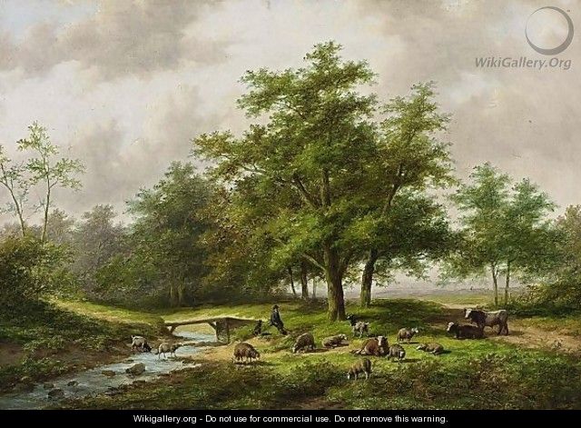 A Shepherd With His Flock In A Wooded Landscape - Jan Evert Morel