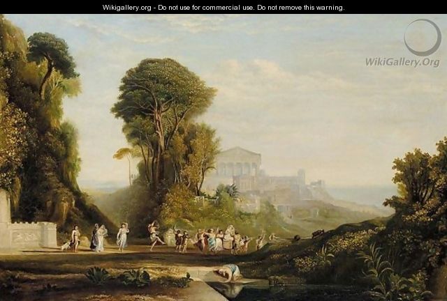 Classical Landscape With Temples And A Festive Procession - (after) Claude Lorrain (Gellee)