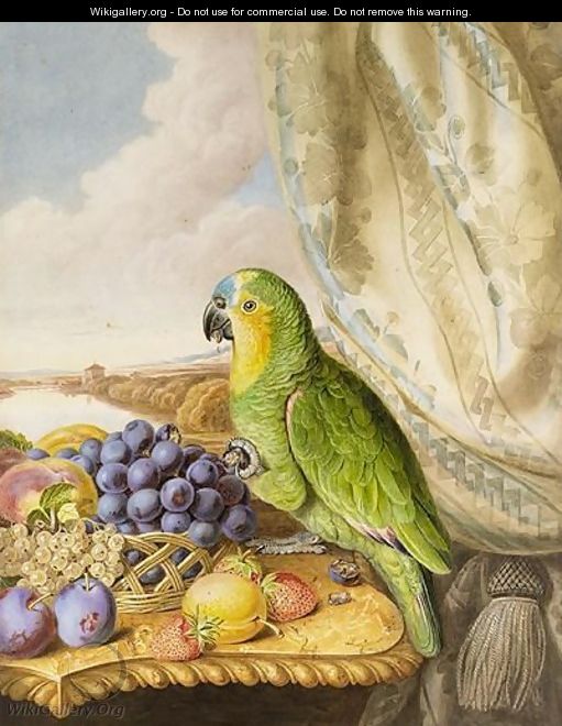 A Parrot Eating From A Bowl Of Grapes, Plums, Peaches And Strawberries, A River Landscape Beyond - Augusta Innes Withers