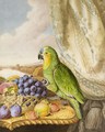 A Parrot Eating From A Bowl Of Grapes, Plums, Peaches And Strawberries, A River Landscape Beyond - Augusta Innes Withers