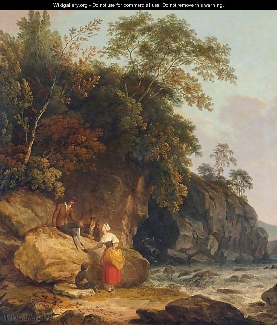 A View In Suffolk With Figures In The Foreground By A Stream - Richard Corbould