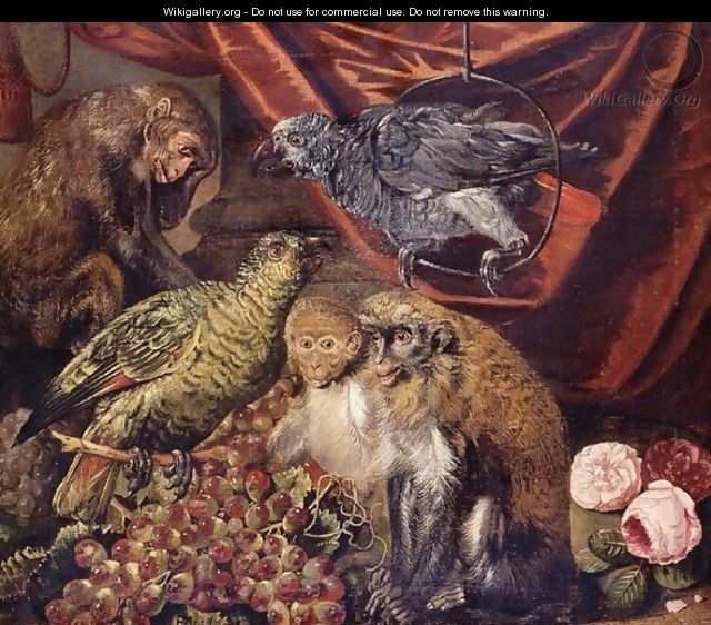 Monkeys And Parrots With A Bunch Of Grapes And Flowers - Italian School