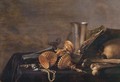 Still Life Of A Dutch Silver Beaker, A Roemer, Shells, An Overturned Gilt Cup With Its Cover Nearby, A Gilt Chain, An Open Book And A Skull All Resting On A Draped Table - Pieter Claesz.