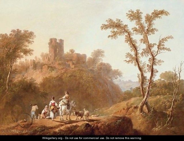 A Wooded, Hilly Landscape With Peasants, A Goat And Sheep On A Track Near A Ruined Castle - Jean-Baptiste Pillement