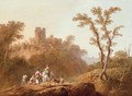 A Wooded, Hilly Landscape With Peasants, A Goat And Sheep On A Track Near A Ruined Castle - Jean-Baptiste Pillement