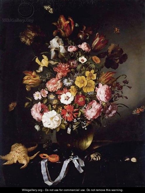 Still Life Of Flowers In A Glass Vase With Butterflies, Seashells And A Pocket Watch - Adriaen Pietersz. Van De Venne