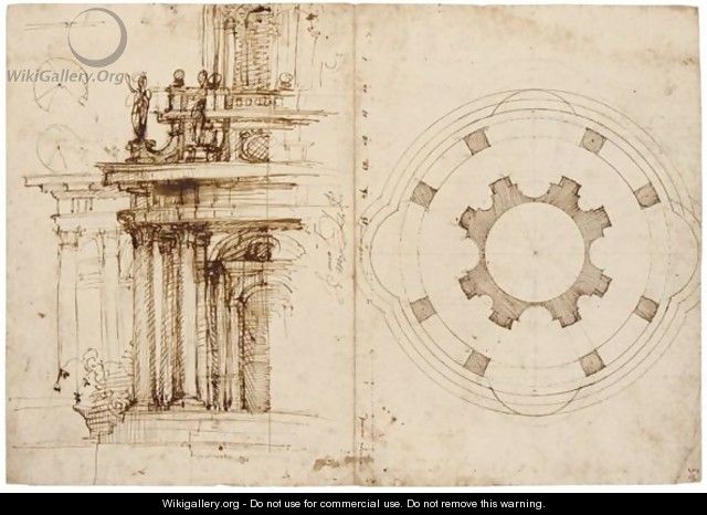 Design For A Round Temple, With Perspective View And Plan, And Two Sketches Of Heads - Florentine School