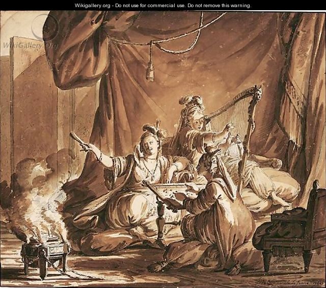 Three Oriental Ladies In An Interior, One Playing A Harp, Another Embroidering - Jean-Michel Moreau