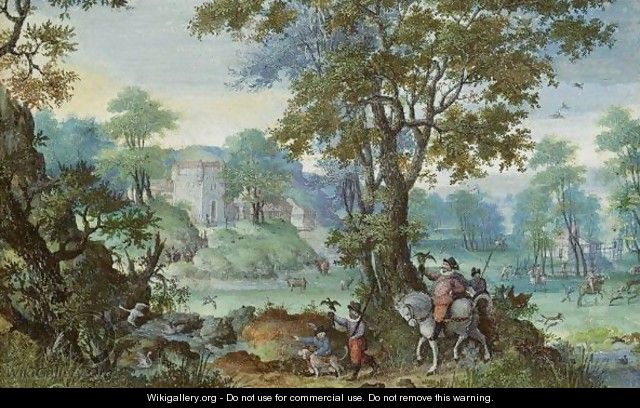 A Wooded Valley, With A Hawking Party In The Foreground And Huntsmen And A Castle Behind - Frans Boels