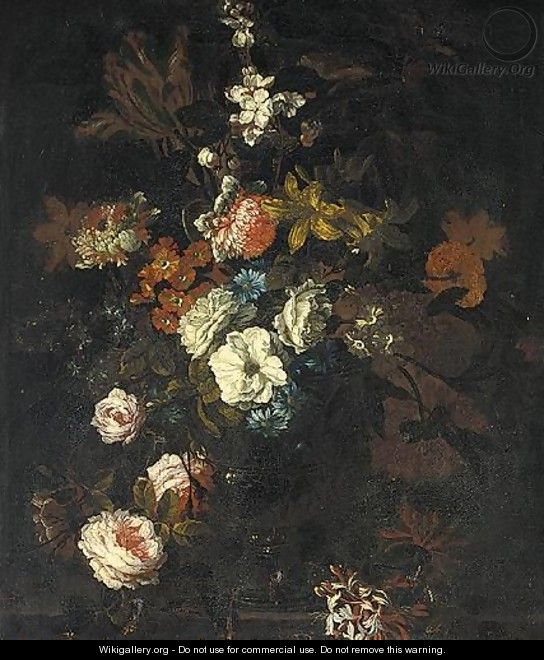 Still Life Of Various Flowers In A Glass Vase Upon A Stone Ledge - (after) Jean-Baptiste Monnoyer
