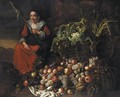 A Still Life Of Fruit And Vegetables With An Old Maid Nearby - Roman School