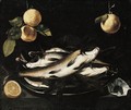 Still Life Of Fish On A Pewter Plate, Together With Peppercorns And A Sliced Lemon, All Arranged Upon A Stone Ledge, With Oranges Hanging Above - (after) Alejandro De Loarte