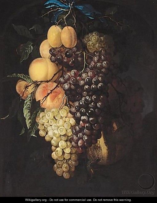 A Garland Of Grapes, Peaches, Apricots And A Honey Melon, Suspended From A Nail, Tied With A Blue Ribbon, Set Within A Feigned Stone Niche - (after) Willem Van Aelst