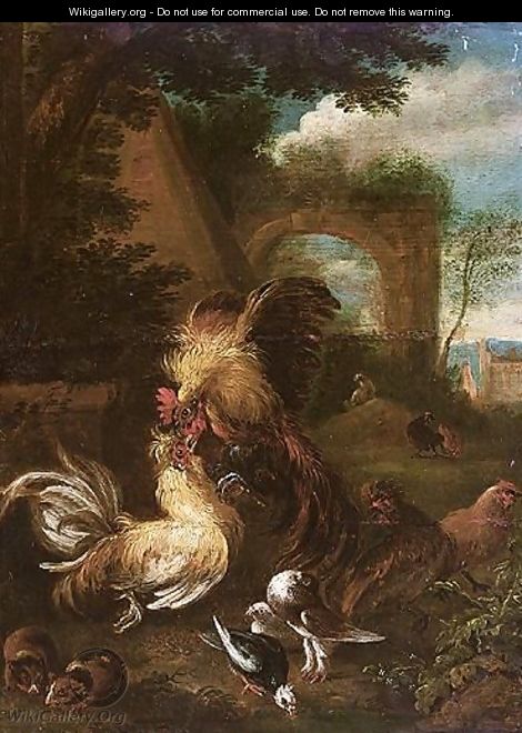 Landscape With Bantam Cockerels Fighting, Together With Guinea Pigs And Doves - Adriaen de Gryef