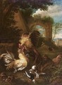 Landscape With Bantam Cockerels Fighting, Together With Guinea Pigs And Doves - Adriaen de Gryef
