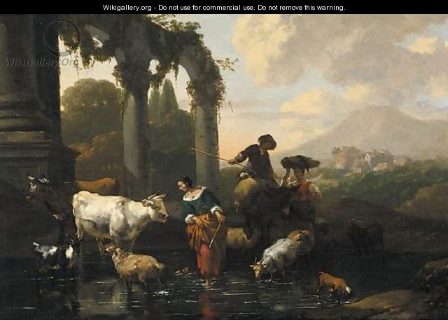 An Italianate Landscape With Maids And A Herder Tending Their Sheep And Cattle At A Watering-Hole - Abraham Jansz Begeyn