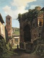 View Of An Italian Village With A Traveller On A Path Behind Ruins - French School