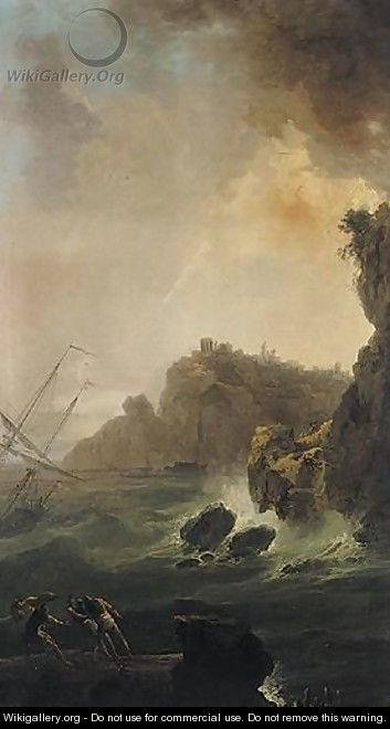 Stormy Coastal Landscape With Fishermen In The Foreground - (after) Claude-Joseph Vernet