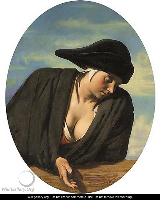 A Peasant Woman Wearing A Black Hat, Leaning On A Wooden Ledge - French School