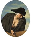 A Peasant Woman Wearing A Black Hat, Leaning On A Wooden Ledge - French School