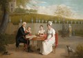 A Portrait Of The Arlaud Family, Seated At A Table In An Enclosed Garden, A Vineyard Beyond - Marc-Louis Arlaud