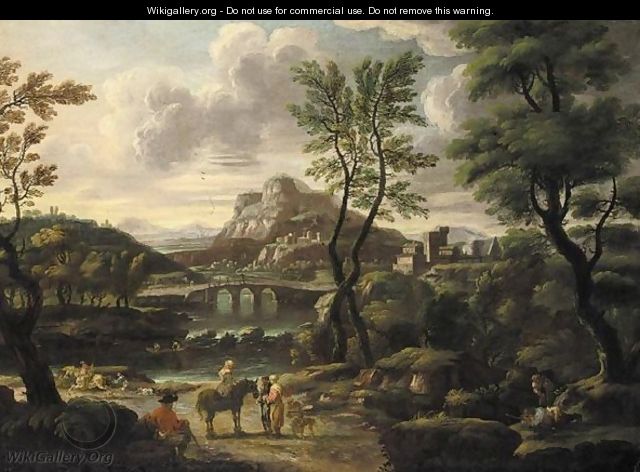 An Italianate Landscape, With Figures Resting Before A River, A Town Beyond - Jan de Momper