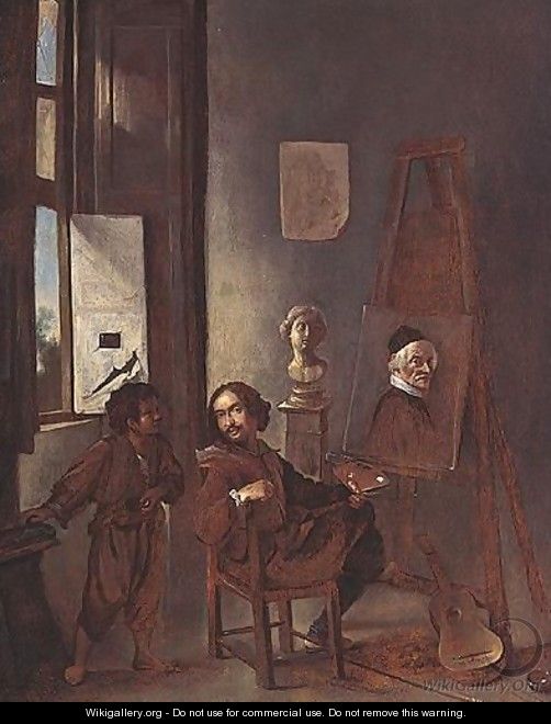 Portrait Of The Artist, In His Studio, Seated At An Easel - Johannes Lingelbach