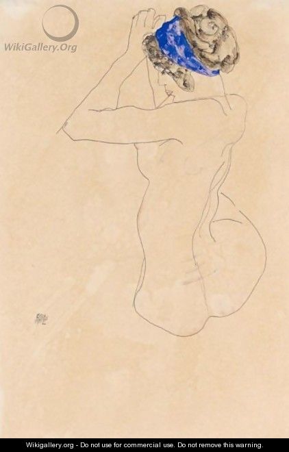 Sitzender Weiblicher Akt Mit Blauem Kopfband, Die Hande Erhoben (Seated Female Nude With Blue Headband, Hands Raised) - Egon Schiele