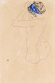Sitzender Weiblicher Akt Mit Blauem Kopfband, Die Hande Erhoben (Seated Female Nude With Blue Headband, Hands Raised) - Egon Schiele
