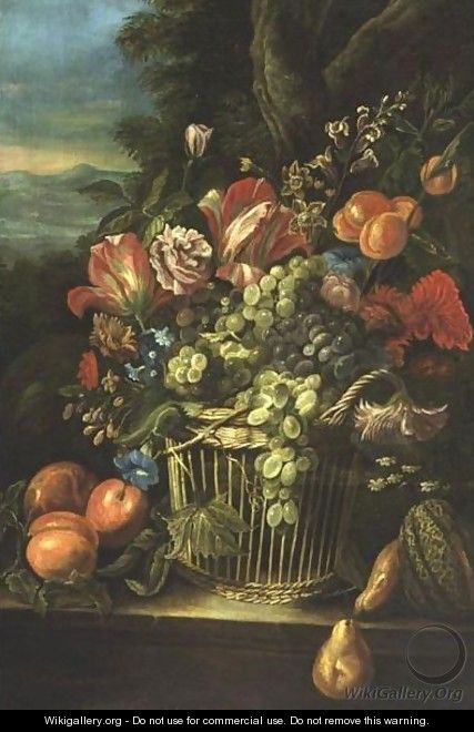 Still Life With Flowers And Grapes In A Basket - Italian School