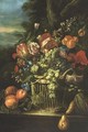 Still Life With Flowers And Grapes In A Basket - Italian School