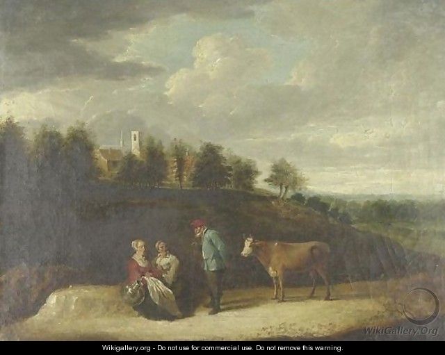 A Farmer With His Cow And Two Peasant Women On A Country Path With A Church And Village Beyond - (after) David The Younger Teniers