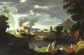 Italianate Landscape With Figures By A River And A Fortress Beyond - (after) Nicolas Poussin