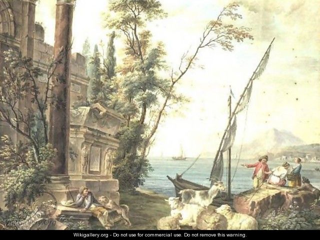Landscape With Classical Ruins, Shepherd And Fishermen - French School